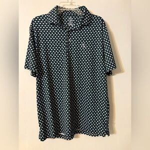 Rhoback Polo Golf Shirt Mens Blue Sz. Medium, White Elephants Print Performance